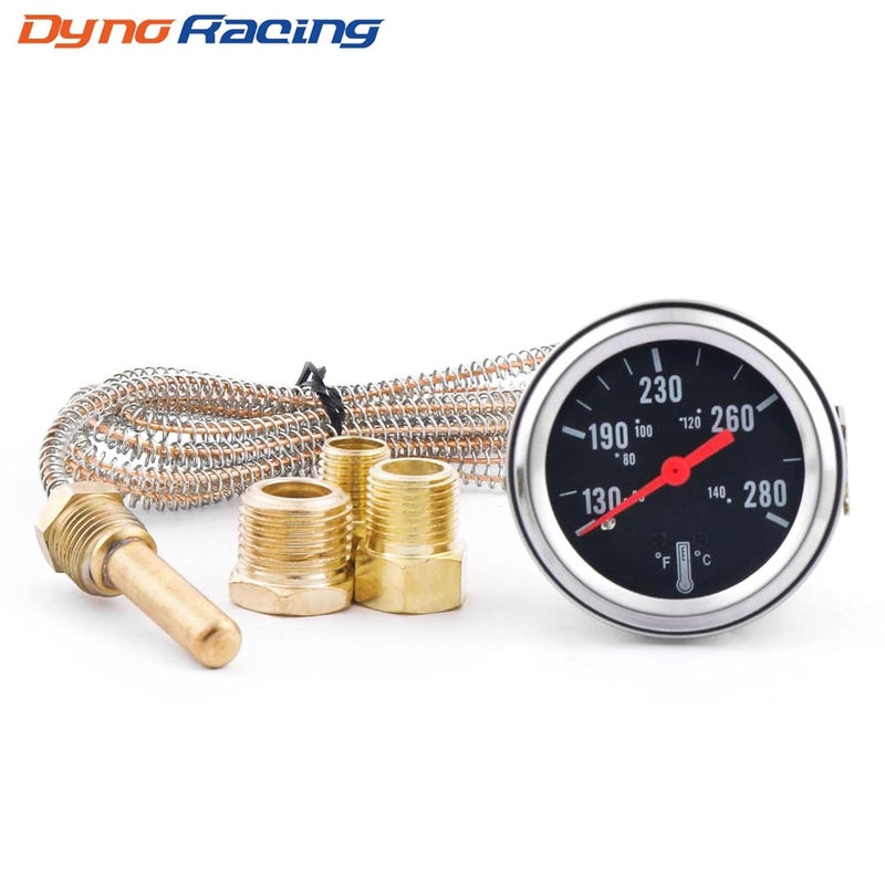 Dyno Racing مقياس حرارة ميكانيكي للماء 2" 52 مم 12 فولت مع مؤشر (50-140℃، 130-280℉)، عداد سيارة بإضاءة صفراء مع حساس NPT 1/2، NPT 3/8، NPT 1/4، طول سلك 1.8 متر - Image 2
